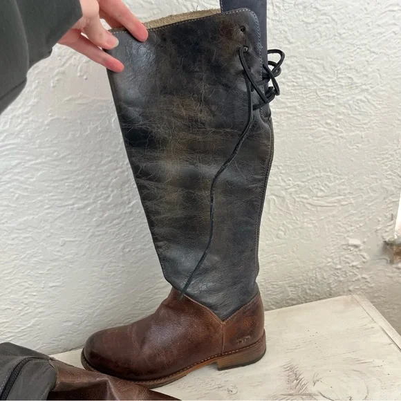 Bed Stu Boots Leather Manchester Knee Hi Lace up Brown Black Distressed 8.5